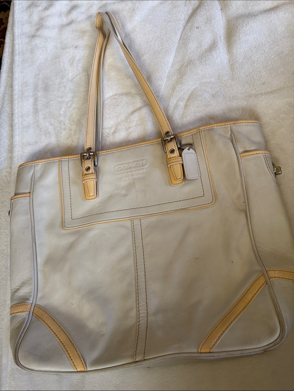 Coach Cream Leather Tote with Tan Trim and Straps 12x14
